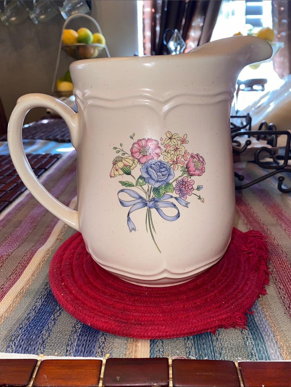 Vintage Cream Stoneware Floral Pitcher with Blue Ribbon Motif
